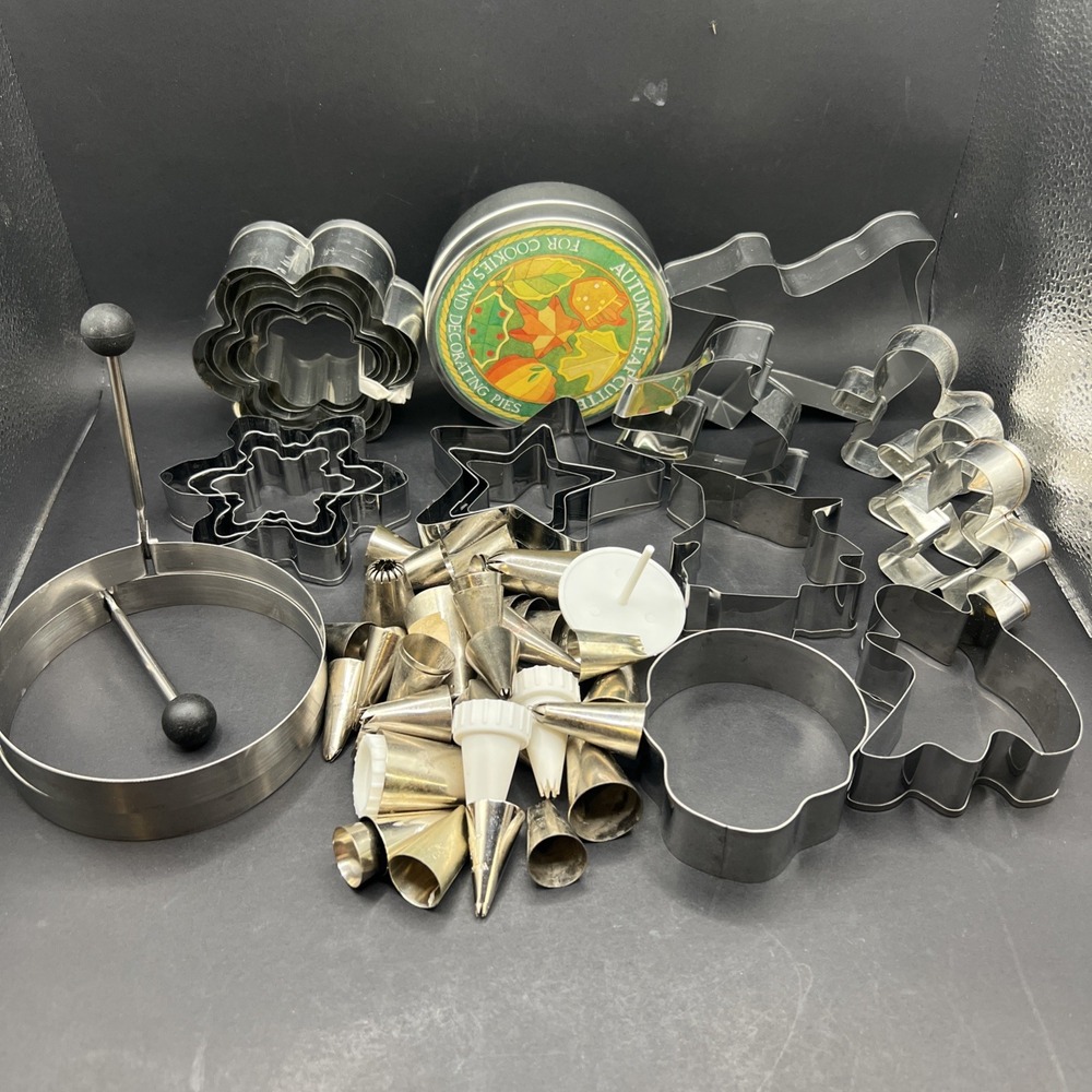 Large Lot of Mixed Metal Cookie Cutters & Decorator Tips Vintage & Modern